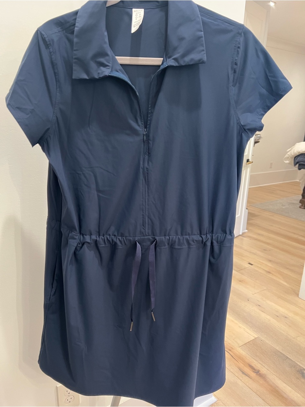 SPANX Navy Zip-Front Short Sleeve Drawstring Mini Dress